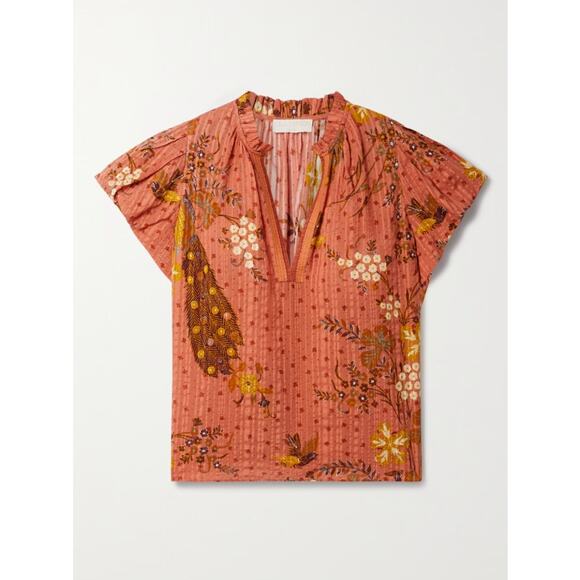 ULLA JOHNSON Kai Blouse Top Orange Cardinal Print V-neck Puff Sleeve Size 6 - Picture 1 of 11